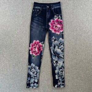New Look Leggings Womens 23 Trompe L'oeil Denim Floral Pink Blue Rhinestone